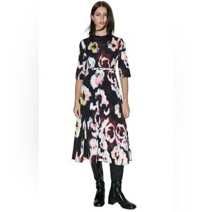 ZARA WOMAN ROUND NECK MIDI DRESS IN ABSTRACT PRINT